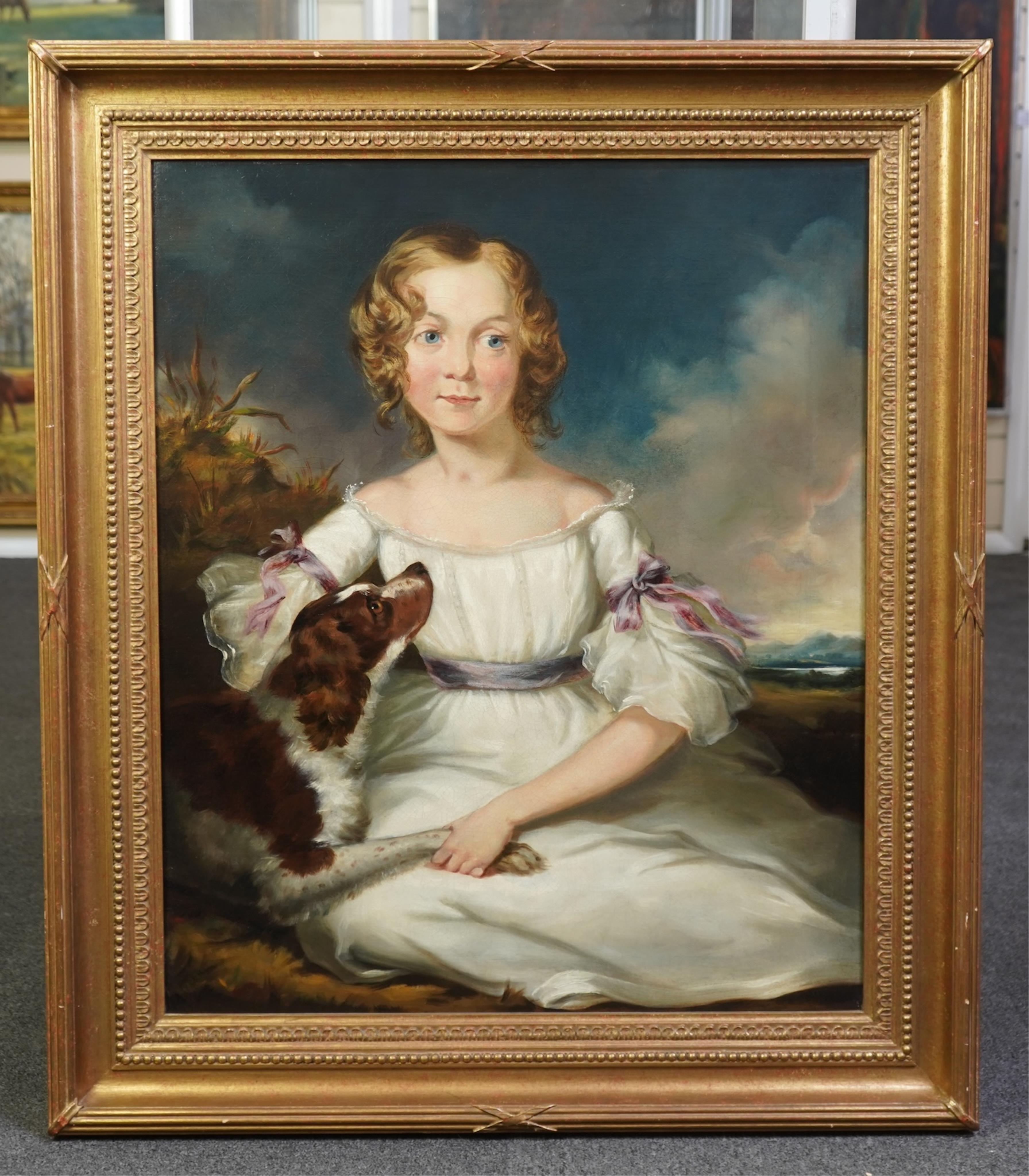 Regency school, c.1800 , Portrait of a girl and spaniel before a landscape